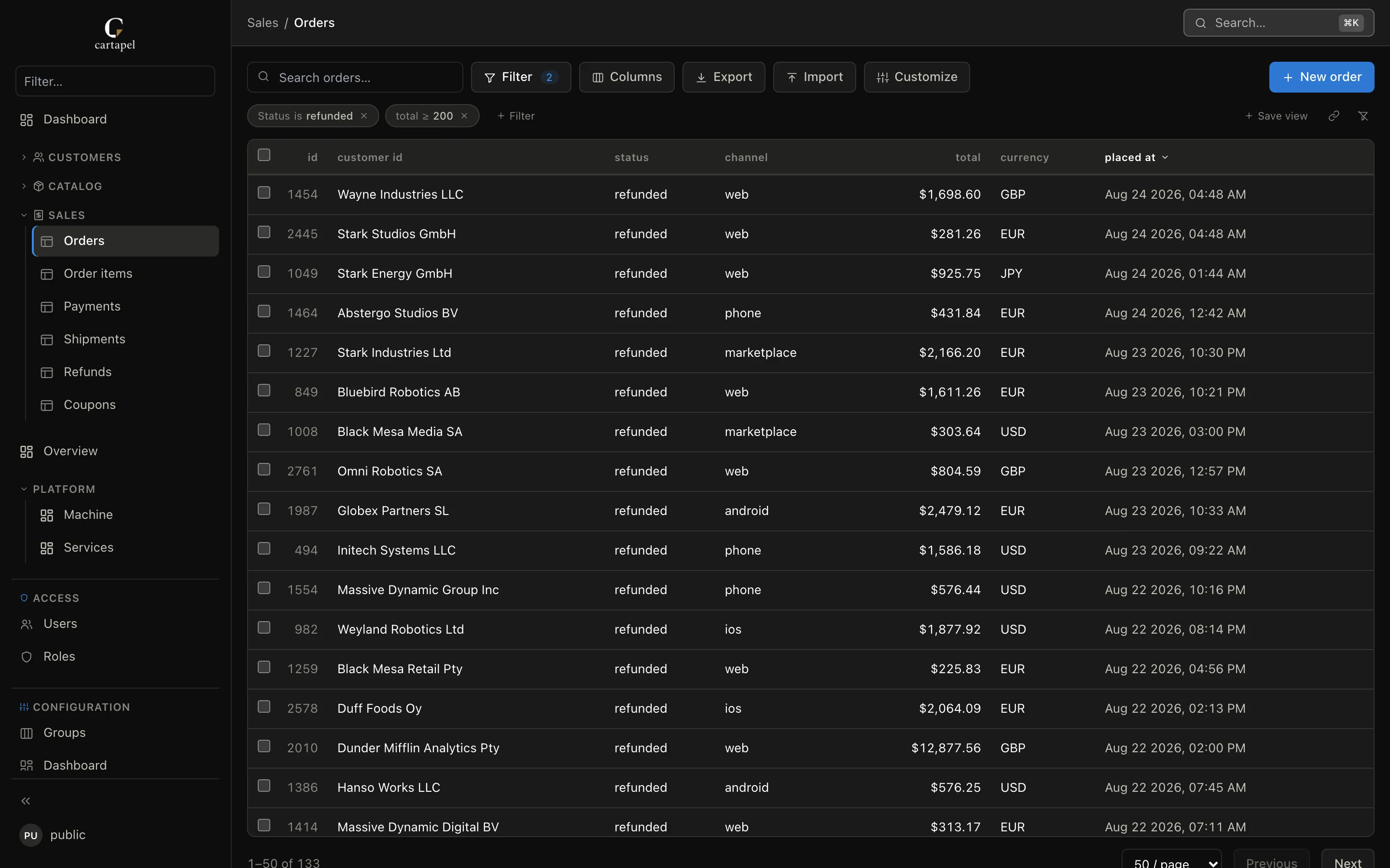 A cartapel list view over an existing orders table: two filter chips applied, search, saved views, column picker, export and import